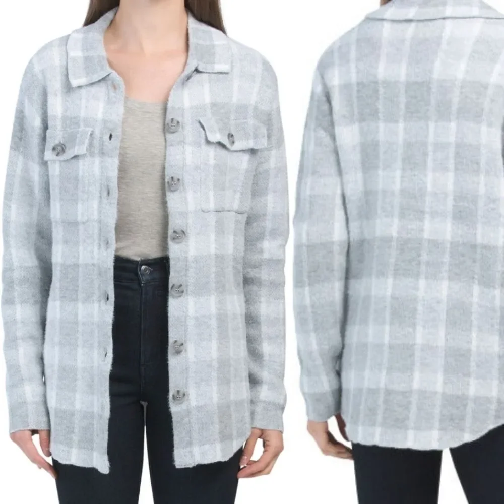 William Rast -974 Long Sleeve Plaid‎ Shacket Shirt Jacket White Light Blue Small